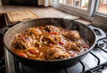 Receta de pollo a la cacerola con tomate y cebolla, rápida y fácil